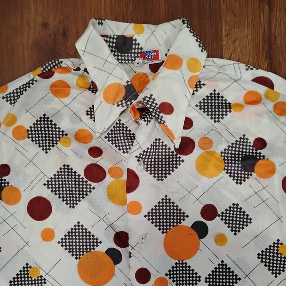Sears Tops - Vintage MCM Mod Put On Shop Sears Dots Checkers Pattern Disco Shirt